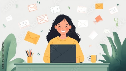 Smiling woman working remotely on laptop with floating email icons illustration