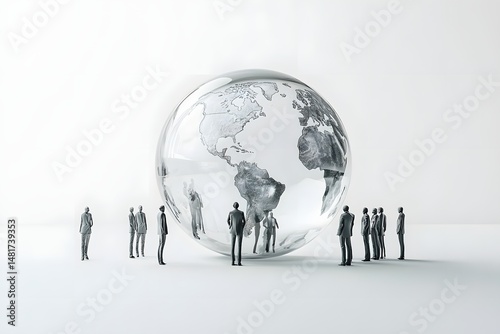 A glass sphere with people standing around it, white background, minimalist style, global vision