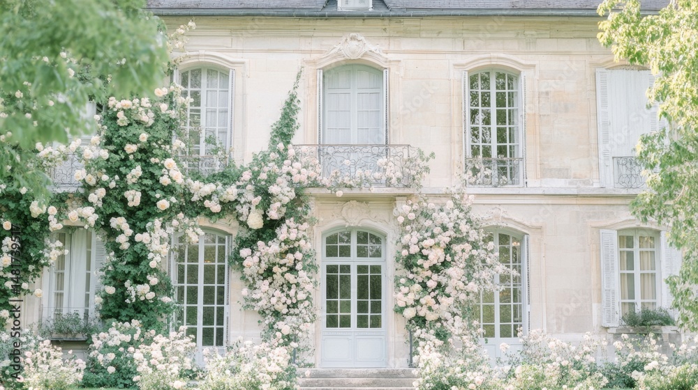 Fototapeta premium Elegant French Chateau with Blooming Roses