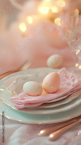 Easter eggs rest gently on pastel pink napkins arranged atop elegant plates here