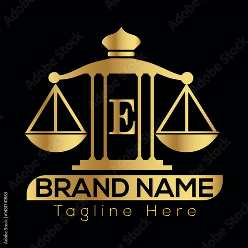 Justice scale symbol on Black background with legal and balance concept E logo Design 