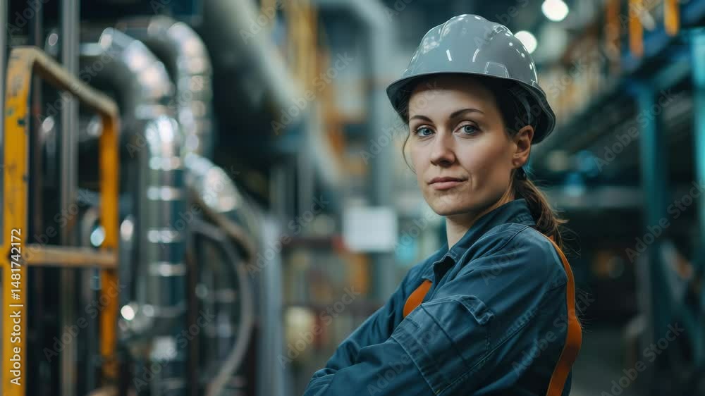 Beautiful smiling woman standing in overalls at factory Beautiful smiling woman standing in overalls at factory