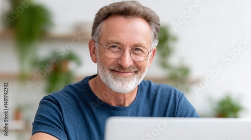 Smiling Older Man Wearing Glasses Working From Home