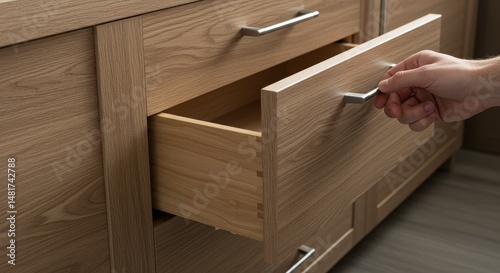 Photo of Hand Opening Wooden Drawer in Modern Oak Cabinet