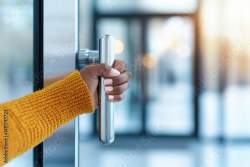 decide entrance woman concept. Hand reaching for a door handle in a modern setting.