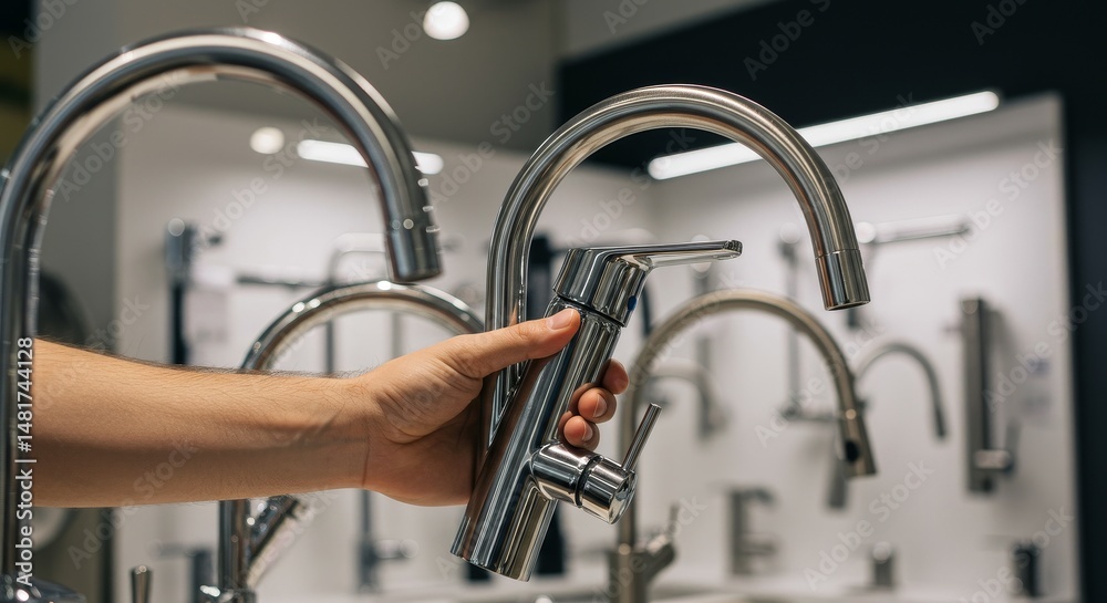 Photo of Hand Selecting a Chrome Faucet in Kitchen Fixture Store