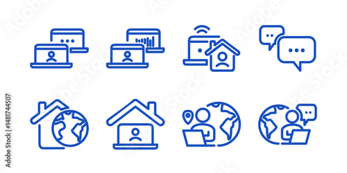 Remote Work Line Icons . Freelancer Work from Home, Video Call, Online Meeting, Teleconference Vector Set