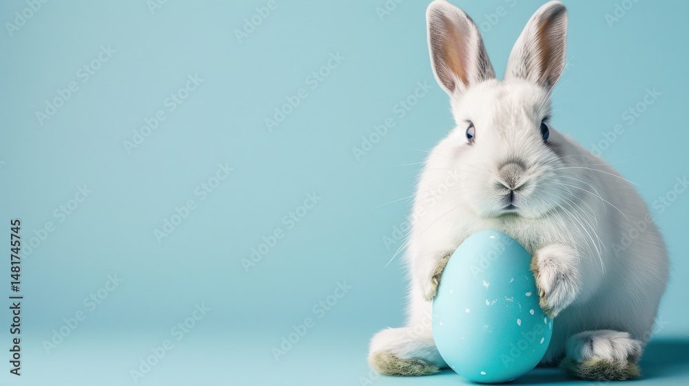 Obraz premium White rabbit holding a light blue egg