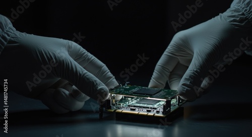 Examination of intricate circuit board with gloved hands under soft lighting