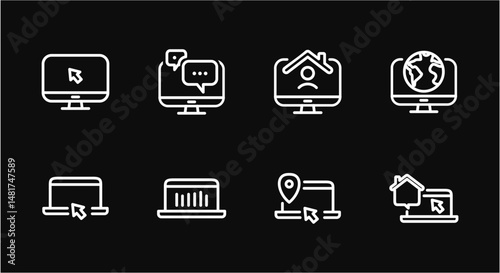 Remote Work Line Icons . Freelancer Work from Home, Video Call, Online Meeting, Teleconference Vector Set