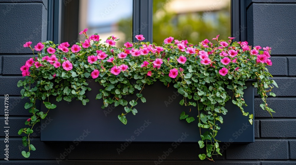 Fototapeta premium Pink flowers cascading from a dark planter box