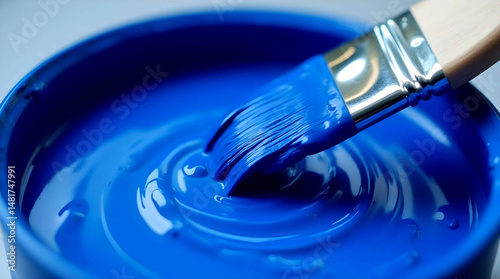 Close-up of a paintbrush dipped in vivid blue paint inside a can, the image highlights the artistic process, color purity, and professionalism.