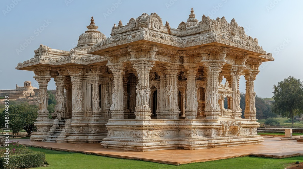 Obraz premium Ornate, light-colored temple structure in a lush garden setting.