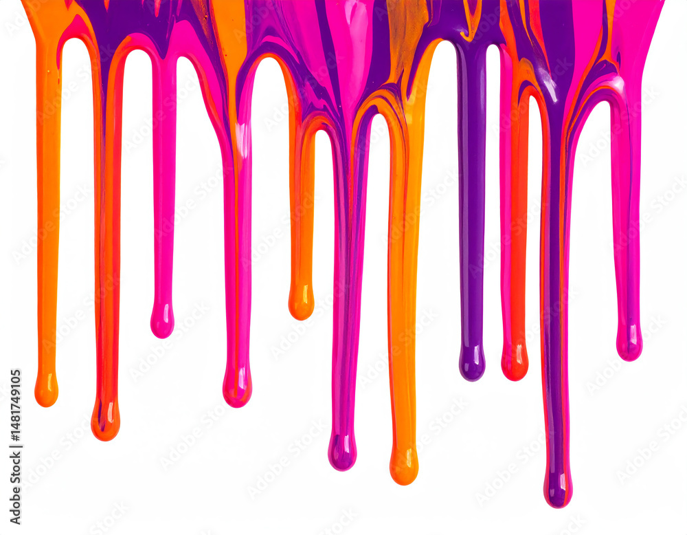 Naklejka premium Vibrant paint drips in shades of pink, orange, and purple create an artistic splash effect against a clean white background