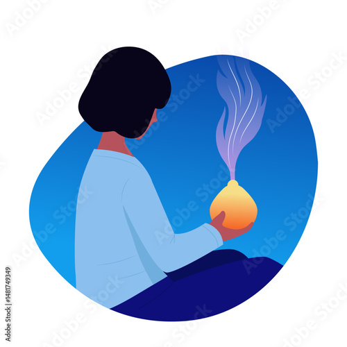 Flat illustration showing a character taking aromatherapy