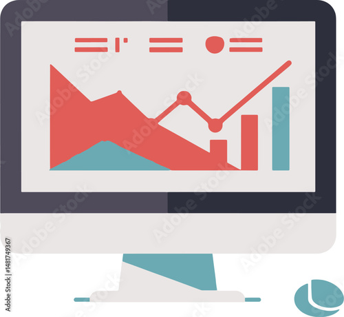 Computer with financial graph. Data analysis vector.