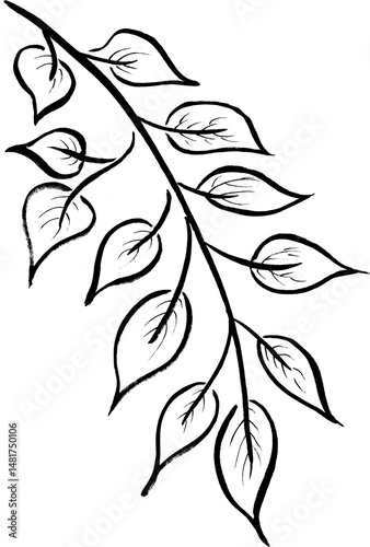 Naive Trendy. Black and White Botanical Leaf Branch Drawing in Linear Artistic Style for Design Projects  