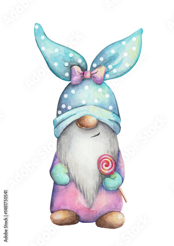  Cute Scandinavian Bunny Gnome with Blue Hat and Pink Bow for Easter Design. Naive Trendy