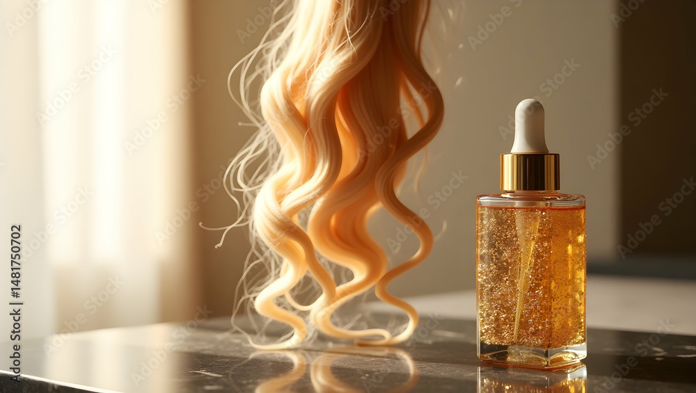 Naklejka premium Ethereal beauty concept showcasing vibrant blonde hair strands artfully styled alongside a luxurious hair serum bottle promising gentle care and radiance