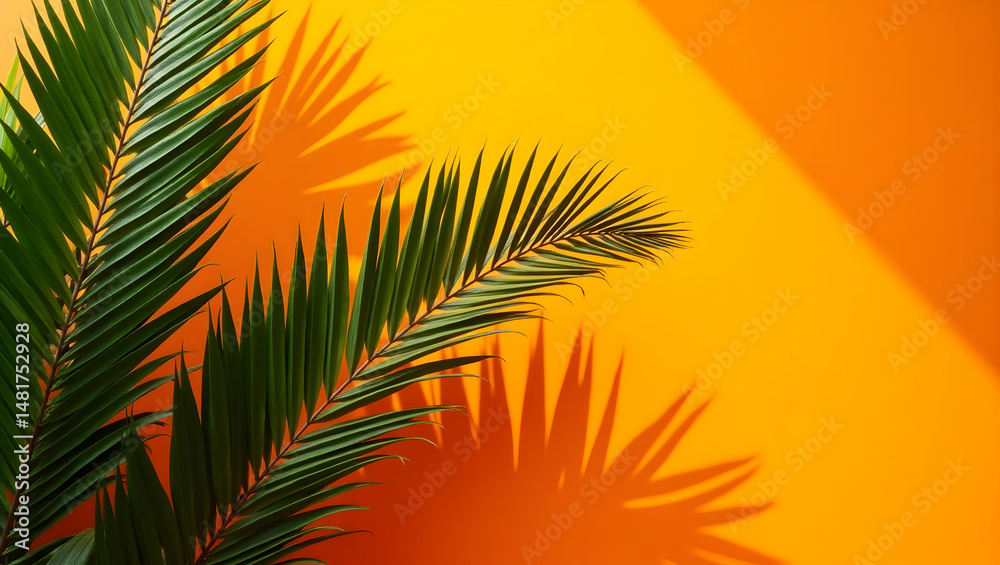 Obraz premium Exotic Palm Leaves on Vibrant Orange Backdrop, A Tropical Paradise of Gentle Fronds and Sun-Kissed Shadows Evoking Summer Serenity and Natural Beauty