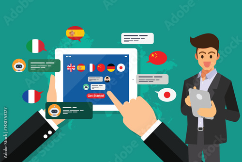 Businessman learning of different foreign languages through the tablet in the hand