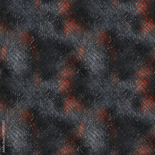 Grunge Dark Metal Texture with Red Highlights - Seamless Pattern for Gothic Designs, Industrial Websites, Game Backgrounds, Horror Themes and Dystopian Visuals