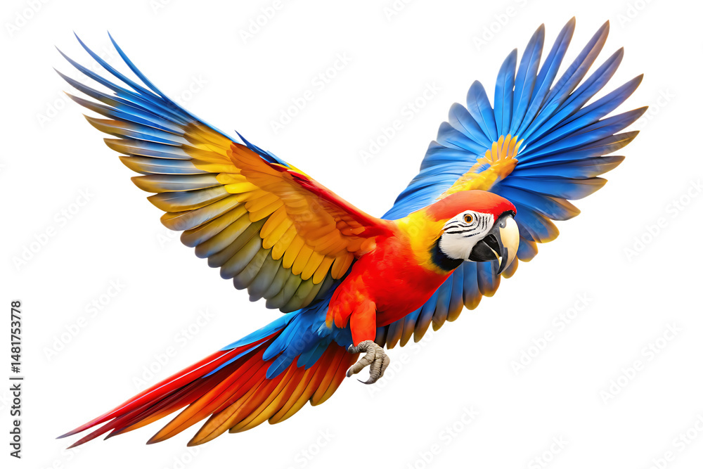Obraz premium flying colorful macaw isolated on white background. PNG,AI GENERATED