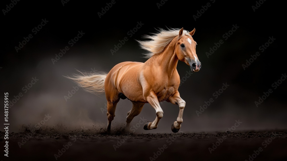 Obraz premium A light brown horse gallops through a dark, dusty field.