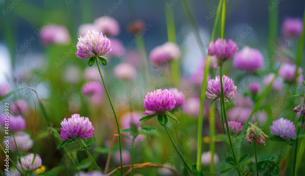Fototapeta premium Vibrant pink clover blossoms in a lush green meadow.
