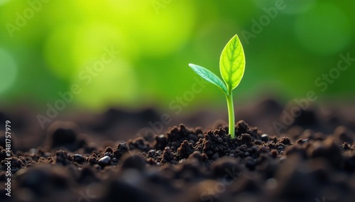 A vibrant green plant sprout emerges from rich soil, showcasing early growth , plant, leaf, vegetation
