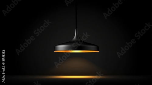 A black pendant light hangs from the ceiling, casting a warm glow on the floor below.