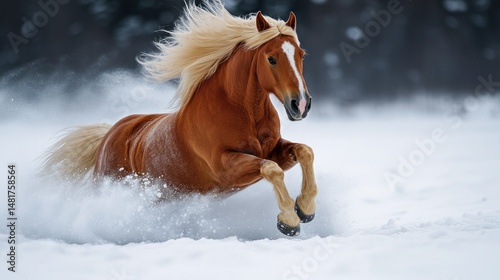 Powerful brown horse galloping through snowy landscape.  A majestic creature in motion, its long mane flowing in the wind
