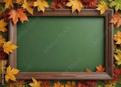 Wooden frame with autumn maple leaves bordering a green background, wood frame, foliage, autumn, nature