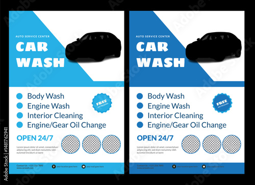 Car wash flyer it color is a red and blue People cleaning car with sponge at car wash Creative car wash car detailing and rental flyer, car service, and price list flyer  automobile, drive, engine, A4