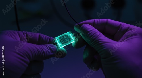 Futuristic technology concept with glowing microchip held by gloved hands