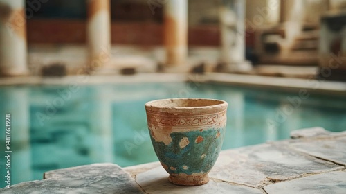 A ceramic cup with a blue and white design sits on a stone ledge in front of a pool.