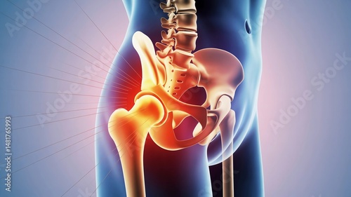 medical illustration highlights inflammation in the hip joint of a semi-transparent human figure, showing the pelvic bones and femur with a vivid red-orange glow indicating joint pain or injury.