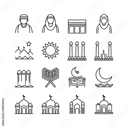 Islamic Line Icon Set – Quran, Mosque, People, Moon and Religious Symbols