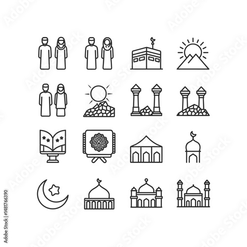 Islamic Line Icon Set – Kaaba, Mosque, Quran, People, and Hajj Symbols