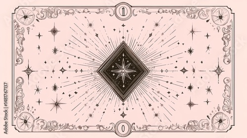 Vintage 1 & 0 tarot card background with diamond starburst: decorative border light pink 