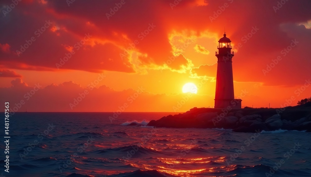 Silhouetted lighthouse against a fiery sunrise, colorful, coastal Silhouetted lighthouse against a fiery sunrise, colorful, coastal