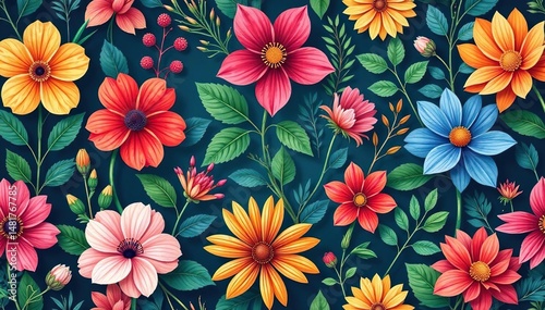 Seamless repeating floral pattern, vibrant blooms and lush foliage Perfect for textile design and wallpaper , botanical illustration, flower pattern