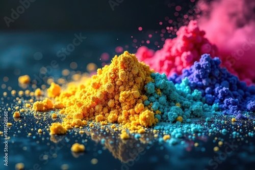 Vibrant Powder Pigment Explosion A Close-Up of Textured Colorful Granules Spilling and Creating a Stunning Visual Display on a Dark Surface