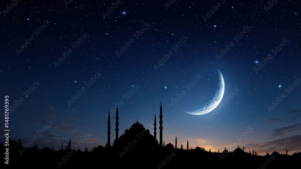 Naklejka premium Silhouette of a mosque at night under a crescent moon and starry sky