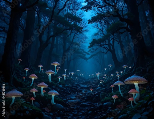 Magical Glowing Mushrooms in Enchanted Forest - Fantasy Nature Print