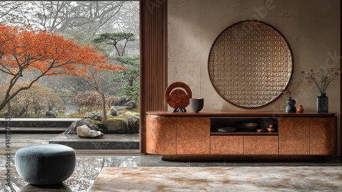 Elegant modern interior with a wooden console, decorative ceramics, and serene garden view, showcasing harmony and tranquility in design.