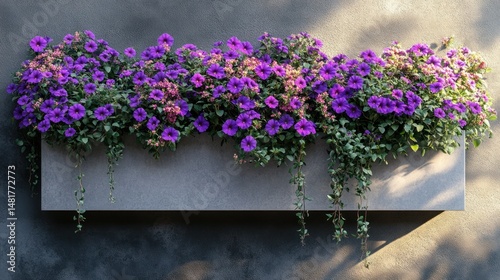 Purple flowers cascading from a modern planter box