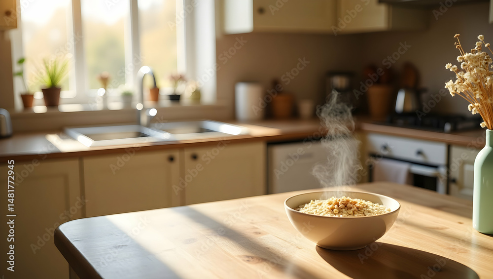 Inviting Kitchen Scene with Steaming Cereal Bowl, Natural Light and Warm Wooden Accents Creating a Cozy Atmosphere for Breakfast or a Delicious Morning Meal Inviting Kitchen Scene with Steaming Cereal Bowl, Natural Light and Warm Wooden Accents Creating a Cozy Atmosphere for Breakfast or a Delicious Morning Meal