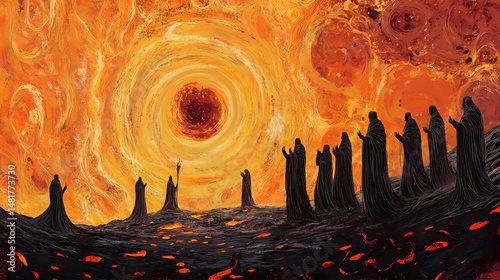 Within a bubbling cauldron of molten lava a group of sorcerers chant and cast spells channeling their energy into the liquid fire. . . [Obsidian Choir] | Lava Psalm | molten chant. Illustration