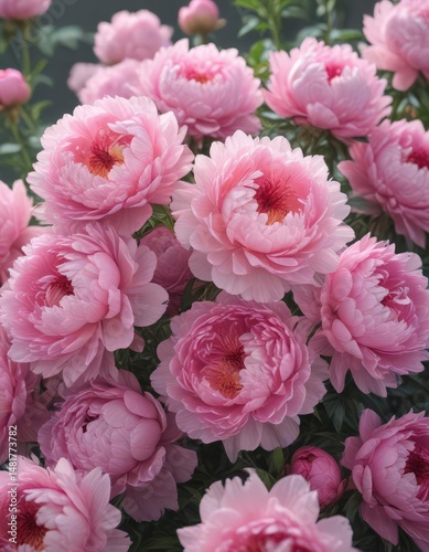Dense cluster of blushing pink peonies, soft focus , bloom, soft pink, botanical